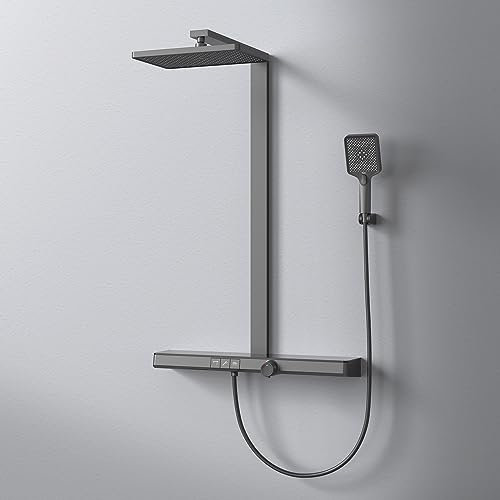 EMKE Colonna doccia Set doccia con Theramostat 38°C doccia a pioggia con miscelatore, bocca a cascata, doccetta a 3 modalità, con ripiano extra largo, Nero Opaco
