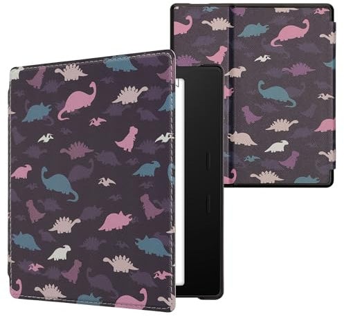 kwmobile Klapphülle kompatibel mit Amazon Kindle Oasis 10. Generation Hülle - eReader Case - Bunte Dinos Violett Gelb Blau