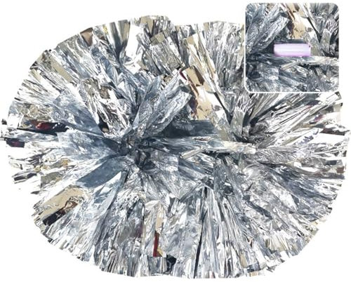 Hrlace 2 Stück Cheerleading Pom Poms Metallfolie Cheerleader Pompons Bunte Cheer Blumenkugel Griffblumen Kunststoff Handblume für Erwachsene Kinder Sport Cheers Silber Handgriff L=35cm