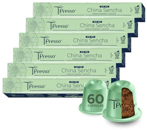 Tpresso® Sencha Lot de 60 capsules de thé vert bio de qualité supérieure - Compostable industriellement - Pour un thé unique et naturel -