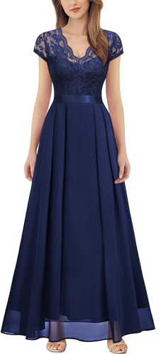 MIUSOL Women's Elegant V-Neck Lace Emprie Waist Bridesmaids Party Gown Formal Maxi Dress (X-Large, Navy Blue)