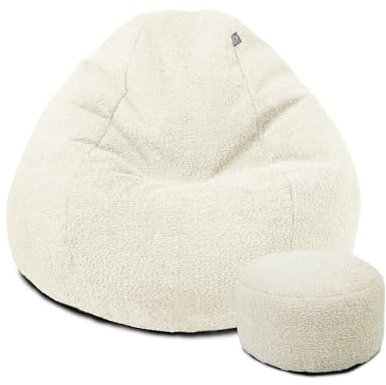 rucomfy Beanbags Large Snug Slouchbag - Adult Boucle Bean Bag Chair - Home Lounge, Living Room & Bedroom Seating for Adults - Machine Washable Fabric - 110 x 80cm (Oat, with Matching Footstool)