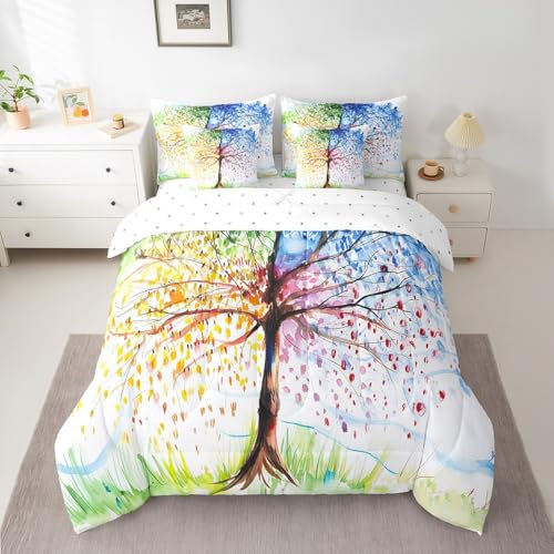 Feelyou Farbenfrohes Baumbett in einer Tasche, Baumzweige Bettwäsche-Set für Kinder, Mädchen, Blätterzweige, Bettdecken-Set in voller Größe, 7-teilig, schickes Kunst-Bettwäsche-Set mit Bettdecke,