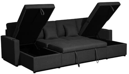 Bonded Leather Sofa Bed - U-Shaped 4 Seater Fabric Sofas For Living Room Furniture - Pull Out Suite & Convertable Settee With Storage - (Black Fabric, Left Hand Side)