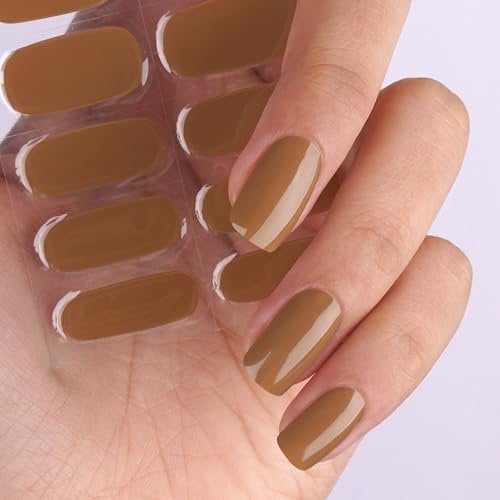 DANNI & TONI Semi Cured Gel Nail Strips,Solid Colour Salon-Quality Gel Nail Polish Strips Manicure Stickers Set(Hazel) 28Pcs