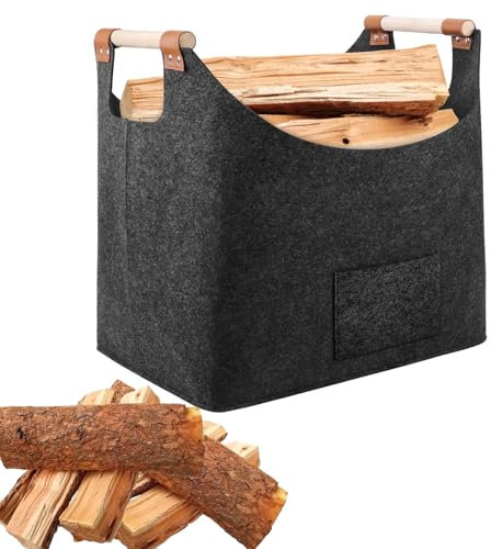YQBFTC XL Holzkorb für Kaminholz,60L Filzkorb,Groß Kaminholzkorb für Feuer,Brennholzkorb aus Extradickem Filz,Filztasche als Aufbewahrungskorb für Einkauf,Holz,Zeitung oder Brennholz(Dunkelgrau)