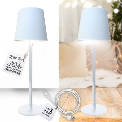 Bada Bing 2er Set LED Touch Tischleuchte weiß mit Schirm in 37 cm - Deko Lampe tragbar aus Metall - Warmweiß drei Helligkeitsstufen - Tischlampe Kabellos und wiederaufladbar - Tisch Akku