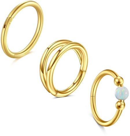 LAURITAMI 3 Stück Nasenpiercing Ring Chirurgenstahl 18G Dünn Nasenpiercing Ring Gold Set,Weiß Opal Septum Clicker Ring,10mm Helix Conch Knorpel Tragus Nasenpiercing Schmuck