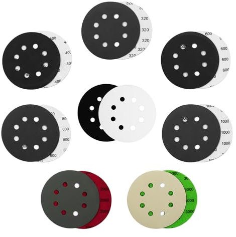 120PCS 5 Inch Sanding Discs Hook & Loop Sandpaper 320/400/600/800/1000/2000/3000 Grit Orbital Wet Dry Sandpaper with 2PCS Interface Pads for Automotive Wood Metal Polishing