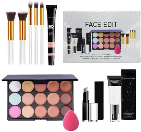 All in One Makeup Kit, 15 Colors Concealer Palette with Primer Concealer Stick Puff Oval Brush, 10Pcs Full Cosmetics Makeup Kit Set, Face Make up Gift Set for Girls Ladies Women Beauty
