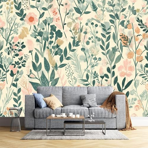 JEDTAKCT Papier Peint Panoramique Plantes À L'Aquarelle Soie, Poster Geant Mural, Pour Salon Chambre Chambre D'Enfants Restaurant Décoration Murale, Fleurs De Style Campagnard