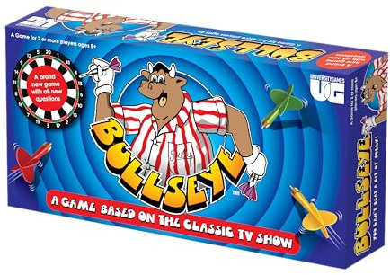 Bullseye Board Game, Classic TV Show Quiz with Magnetic Darts, Ages 14+, 2-8 Players, Blue
