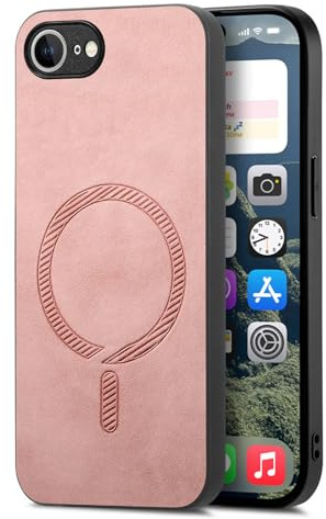 COQUE étui pour Apple iPhone 16e de téléphone avec Aspiration magnétique, Housse de Protection Antichoc en Cuir PU Ultra-Mince, pour Apple iPhone 16e-Rose
