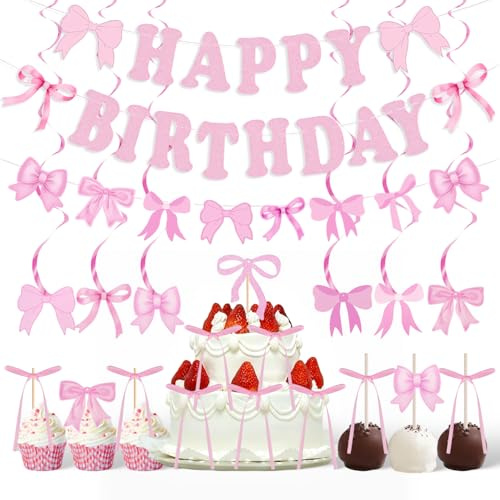Happy Birthday Girlande mit Geburtstagsdeko Schleife Rosa für Frauen