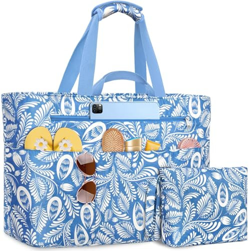 NEWIROVE Strandtasche XXL Familie, Extra Groß Strandtasche Mit Reißverschluss Faltbare Badetasche Damen Wasserdicht Tote Bag Damen Herren Beach Bag Für Strand, Reisen, Urlaub. 50L, Blau Ethnisch