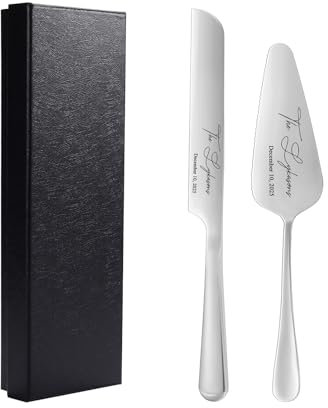 Gaosh Set de Pelle a Tarte Personnalisé avec Gravure du Nom Coupe Gateau en Acier Inoxydable pour Couple Cadeaux pour Mariage Fiançailles Anniversaire (Argent)