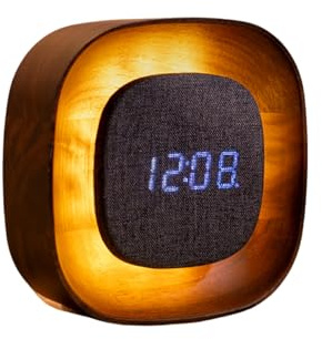 Gingko Design Lumos Alarm Clock – Square, Walnut | Wooden LED Alarm Clock with Ambient Light | Minimalist Rechargeable Desk or Bedside Clock with Touch Control