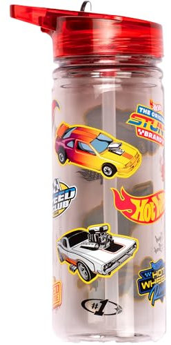 Hot Wheels Bouteille d'eau avec paille - 580 ml - 100 % étanche - Durable - En plastique solide et sans BPA - Noir