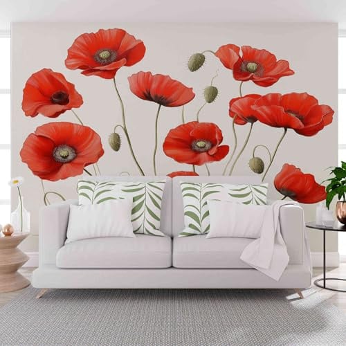 Aquarell-Mohn Fototapete 3d Effekt 250 x 175 cm, Rot Vliestapete Wandbild, Tapete Wohnzimmer Badezimmer Wasserfest