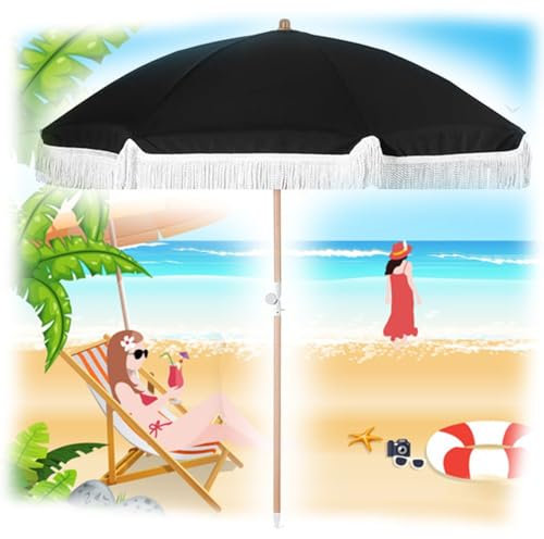 LYMGRZ Parasol de Plage à Franges, Parasol d'extérieur de 2,1 m, Noir, pour Les Vacances, Parasol de Jardin Portable (1,4 m)
