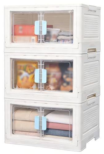 Vunanvu 3 Pack Stapelbare Aufbewahrungsbox mit Rollen Aufbewahrungsbehälter mit Deckel Klappschrank Stapelboxen Rollregal Faltbare Aufbewahrungsbox mit Türen für Büro Haus 50 L Pro Ebene