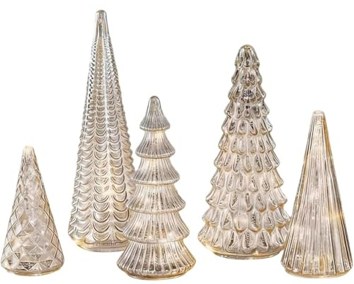 Set of 5 Illuminated Mercury Resin Christmas Trees with LED Lights,Silver & Gold Lighted Resin Tree Figurines for Tabletop,Elegant Xmas Home Party Decorations (Silver)