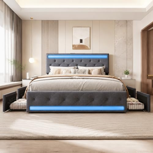 DAHUEN Bett 180 x 200 cm mit LED- und USB, gepolstertes Doppelbett mit 4 Schubladen, Doppelbett, gepolstertes Bett mit großem Stauraum, Schubladenbett für Erwachsene und Jugendliche (Grau, C, 180 x