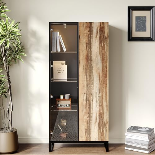 Vitrine avec 8 éclairages LED Vitrine en Verre avec 2 Porte pour Collection | Armoire avec étagères,Armoire de Rangement en Verre trempé 80x40x175cm Noir&Bois