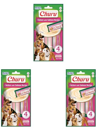 INABA Churu Hundeleckerli Keine Nebenerzeugnisse Creamy Snack, Getreidefrei, Zuckerfrei, Kalorienarm, 100% natürliches Fleisch mit Huhn & Lachs 56 g (3er Pack)
