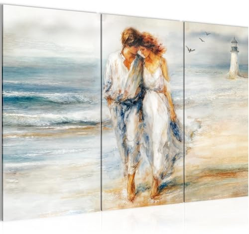 Runa Art Wandbilder Strand und Meer Bild XXL Wohnzimmer Schlafzimmer Büro Liebespaar Himmelblau 40 x 80 cm - 3 Bilder 3 Teilig 060731a