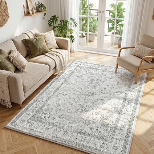 Klyvvo Boho Retro Wohnzimmer Teppich 160x230 cm, Kurzflor Teppich mit Blumenmuster, 1200g/m³ Polyester Maschinwaschbar mit Rutschfester TPE-Unterlage für Schlafzimmer, Esszimmer, Küche, läufer, Weiß