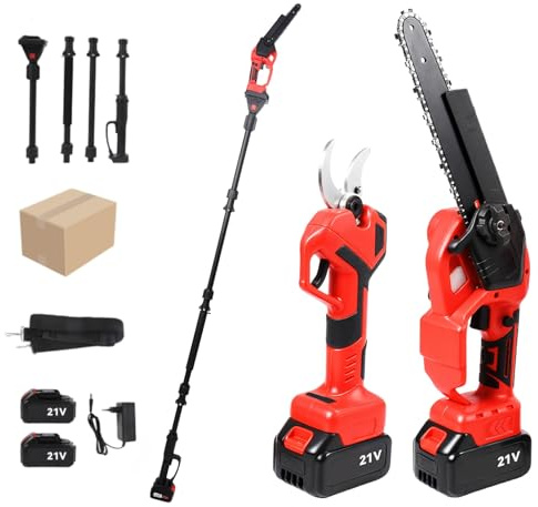 Motosierra Telescópica de 8 Pulgadas & Tijeras de Podar Eléctricas de 40 mm, Herramientas de Jardín 4 en 1,con 2 Baterías, ángulo Ajustable a 180°, Altura de Trabajo de Hasta 4,5 m.