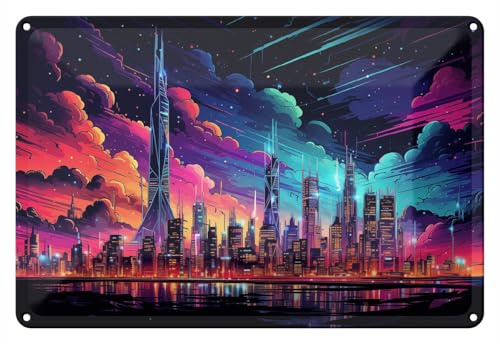 Wallario Blechschild Wandbild aus Metall Skyline im Abendlicht - 20 x 30 cm in Premium-Qualität: Brillante Farben