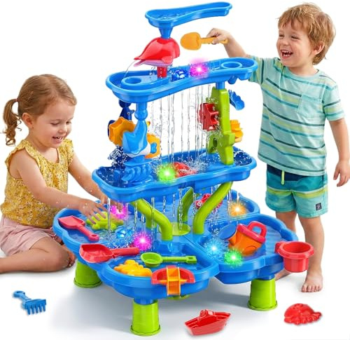 Beeoecm Wasserspieltisch Kinder, 4-stufiger Sand- und Wasserspieltisch mit Sandkasten-Zubehör, Großer Wassertisch für Garten, Strand und Sommer, Wasserspielzeug für Kinder ab 3 Jahren