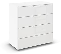 Rauch Möbel ADITIO, Kommode, Farbe Glas Weiß, Breite 80 cm | Sideboard im modernen Look, 4 Schubladen, Glasfront, Soft-Close-Funktion, für Schlafzimmer, Gästezimmer, Wohnzimmer, Flur