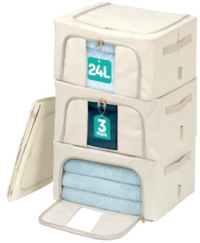 LIVIVO Set of 3 Storage Bags Boxes Organiser - Collapsible Storage Box with Double Opening Zips & Clear Windows for Storing Duvets, Blankets, Bedding, Clothes, Towels, Sweaters, Toys - 24L, Beige