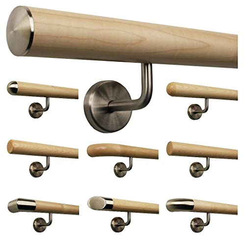 Ahorn Geländer Handlauf Treppe Holz Griff gewinkelt Edelstahlhalter, Länge 30-500 cm aus einem Stück/Variante:140 cm mit 3 Halter leicht gewölbte Edelstahlkappe