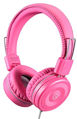 Kids Headphones-noot products K22 Foldable Stereo Tangle-Free 3.5mm Jack Wired Cord On-Ear Headset for Children/Teens/Girls/Smartphones/School/Kindle/Airplane/Plane/Tablet-Flamingo Pink/Gray