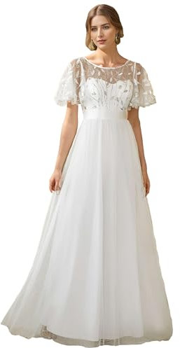 Ever-Pretty Women's Short Sleeve Embroidery Empire Waist A Line Floor Length Elegant Long Ball Evening Gowns Dresses White 20UK