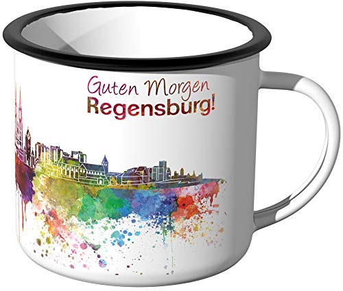 JUNIWORDS Emaille-Tasse, Guten Morgen Regensburg, Skyline Aquarell, Schwarzer Tassenrand
