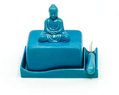 Trademark Innovations Buddha Butterdose aus Keramik mit Deckel und Messer, Blau