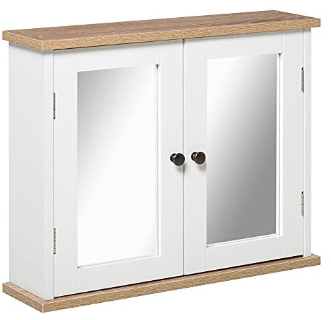 kleankin Bathroom Mirror Cabinet Wall Mounted Storage Cupboard with Double Door and Adjustable Shelf, White