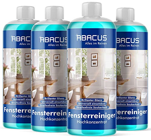 ABACUS® Fensterreiniger Hochkonzentrat 1:1000, Glasreiniger Konzentrat, Scheibenreiniger Konzentrat, Spiegelreiniger, Fensterputzmittel, Fensterwischer – Fensterreiniger Hochkonzentrat 4x 500 ml