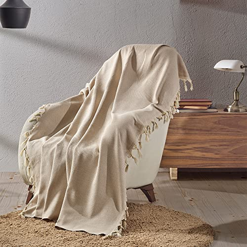 Milam London 100% Baumwolle Fischgräten-Überwurf für Sessel Sofa Doppelbett Sofa Tagesdecke Outdoor Überwurfdecke 130x170cm Beige