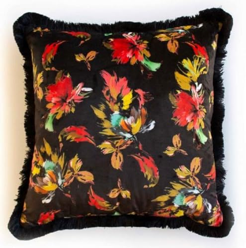 Casa Padrino Luxus Deko Kissen Herbstblätter Design Schwarz/Mehrfarbig 45 x 45 cm - Bedrucktes Samt Kissen mit Fransen - Deko Accessoires