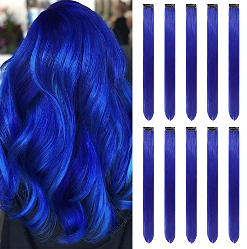 Farbige Haarverlängerungen Clip In für Mädchen 22 Zoll Bunte Gerade Haarverlängerungen Für Party Highlights Haar Zubehör Haarteile Für Kinder Frauen (10 PCS Blau)