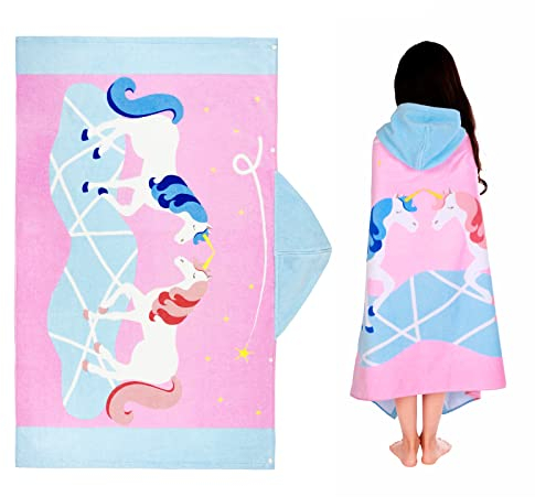 FLYISH DIRECT Badeponcho Kinder 100% Baumwolle Kinderhandtuch Poncho Kinder Badetuch Handtuch mit Kapuze Strandtücher für Jungen und Mädchen, 127 x 76cm