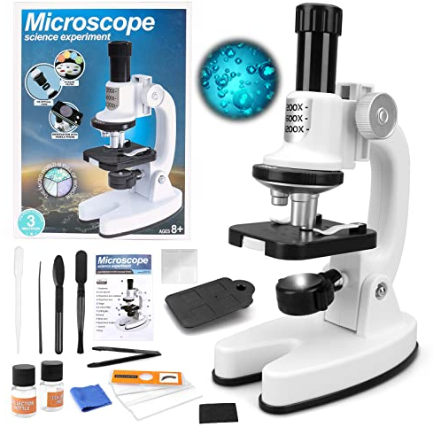 deAO Microscope Enfant Jouet pour Enfants, Science Microscope pour Enfants débutants Scientifique Experience LED Microscope avec Ensemble Lames de Microscope, Filtres colorés, Support de Téléphone