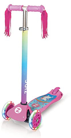 Zinc Explorer Kids Scooter for Ages 3+ – Three Wheeled Boys & Girls Scooter with LED Light Up Wheels, Adjustable Handlebar, Lean ‘n’ Steer Controls, Rear Brake, Soft Rubber Grips, Pink Unicorn