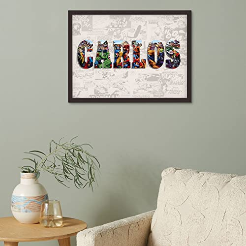 Personalisierbarer Superhelden-Kindername, personalisierbarer Avengers, Name, Wort-Kunstdruck, Charakter-Poster, Superhelden-Leinwandbild, Wandkunst, Anime-Held, Heimdekoration, schwarzer Rahmen